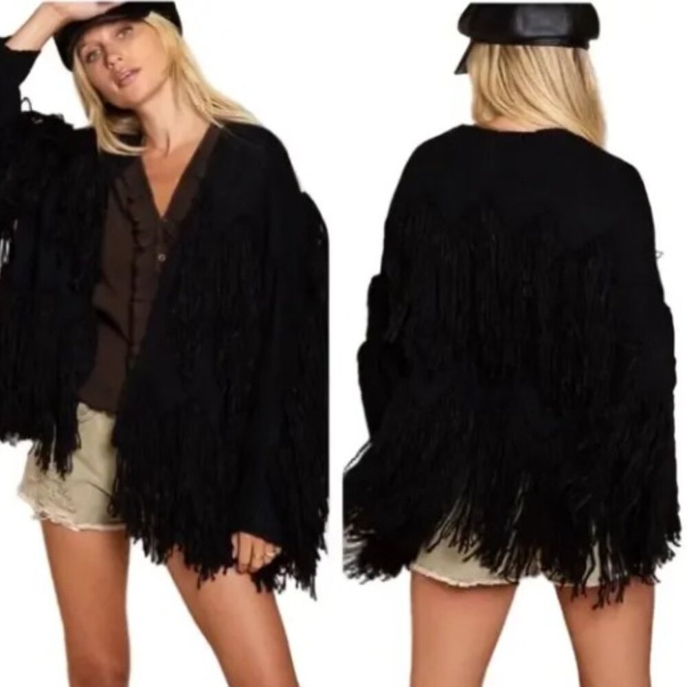New POL Black Fringe Cardigan Open Sweater Boho Western Vibes Fits S, M, L, XL - Picture 3 of 4